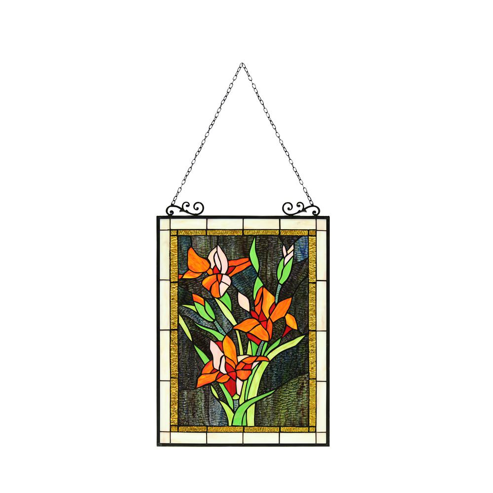 CHLOE Lighting ORANGE LILY Floral Tiffany-Style Stained Glass Verical Hanging Window Panel 24" Tall. Picture 5