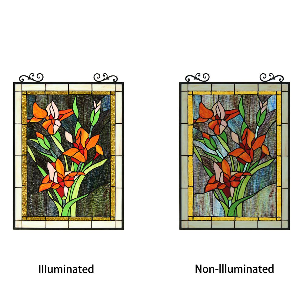 CHLOE Lighting ORANGE LILY Floral Tiffany-Style Stained Glass Verical Hanging Window Panel 24" Tall. Picture 6