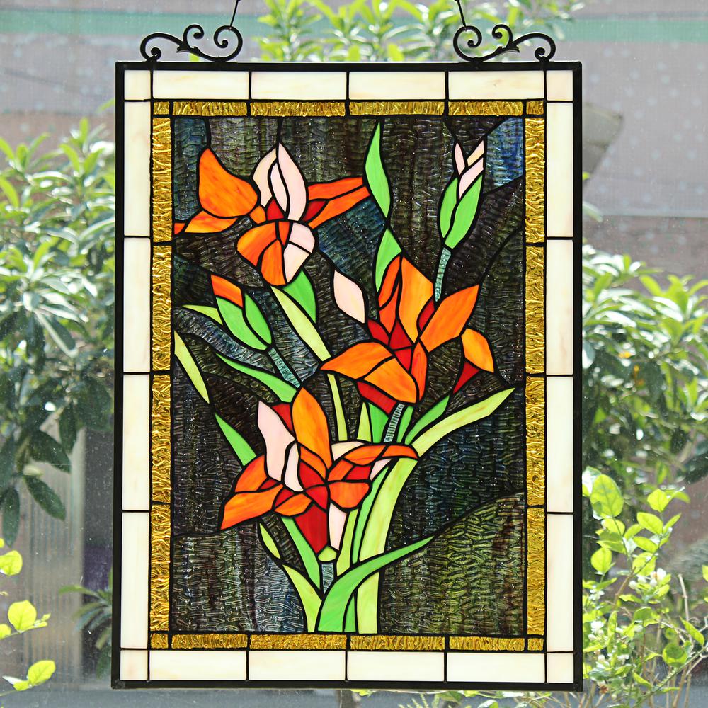 CHLOE Lighting ORANGE LILY Floral Tiffany-Style Stained Glass Verical Hanging Window Panel 24" Tall. Picture 7