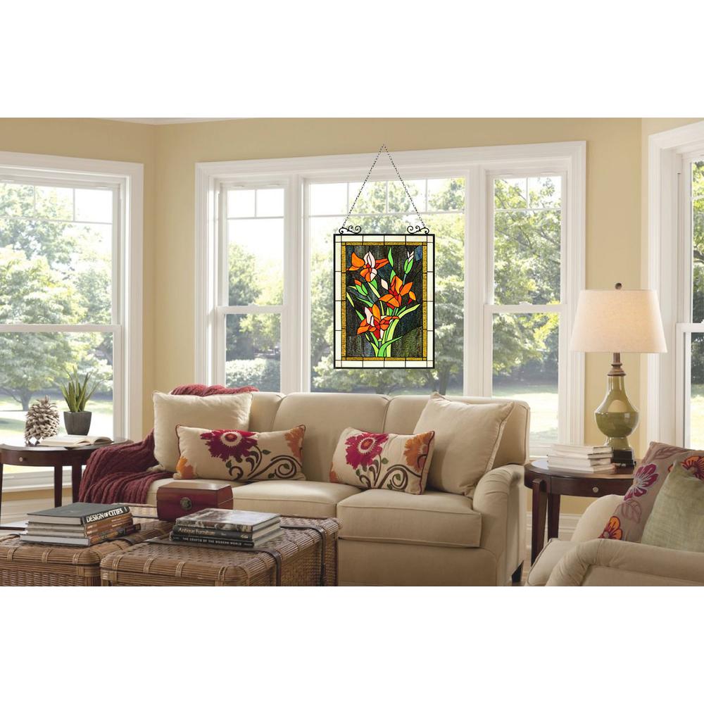 CHLOE Lighting ORANGE LILY Floral Tiffany-Style Stained Glass Verical Hanging Window Panel 24" Tall. Picture 8