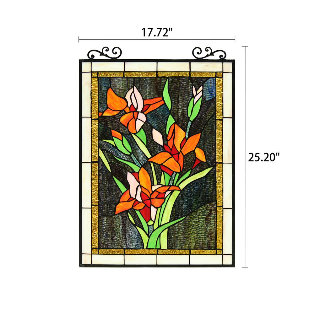 CHLOE Lighting ORANGE LILY Floral Tiffany-Style Stained Glass Verical Hanging Window Panel 24" Tall. Picture 9