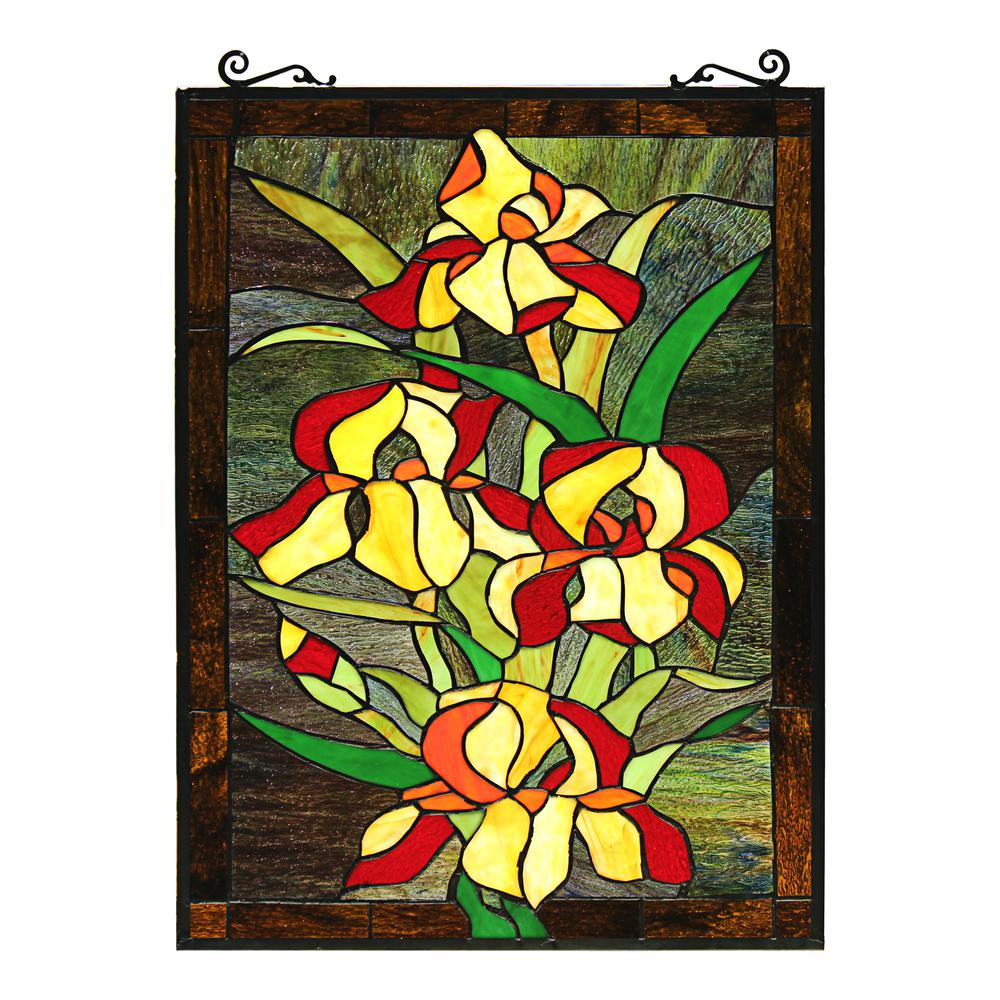 CHLOE Lighting FIRE LILY Tiffany-Style Floral Stained Glass Window Panel 25" Height. Picture 2