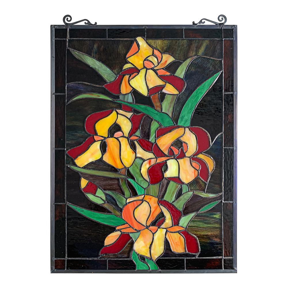CHLOE Lighting FIRE LILY Tiffany-Style Floral Stained Glass Window Panel 25" Height. Picture 3