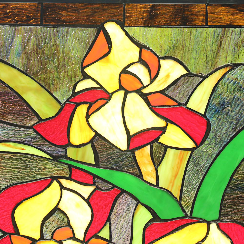 CHLOE Lighting FIRE LILY Tiffany-Style Floral Stained Glass Window Panel 25" Height. Picture 1