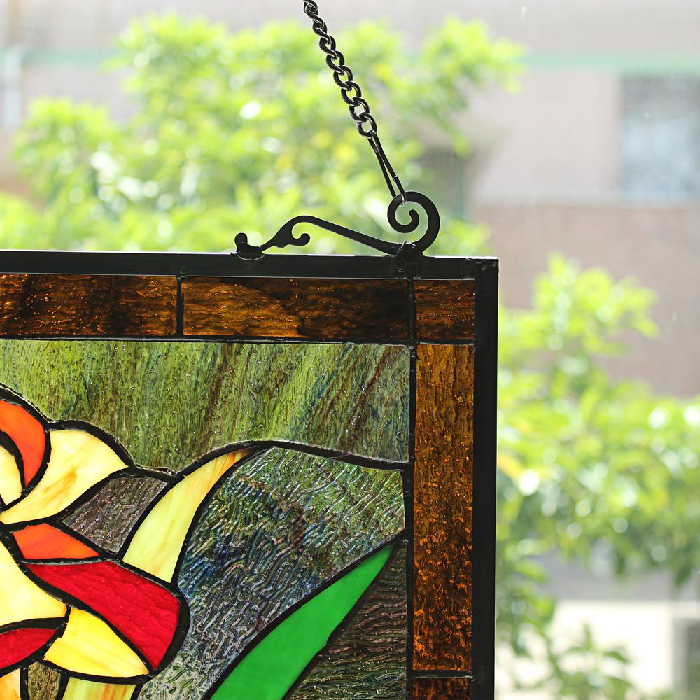 CHLOE Lighting FIRE LILY Tiffany-Style Floral Stained Glass Window Panel 25" Height. Picture 5