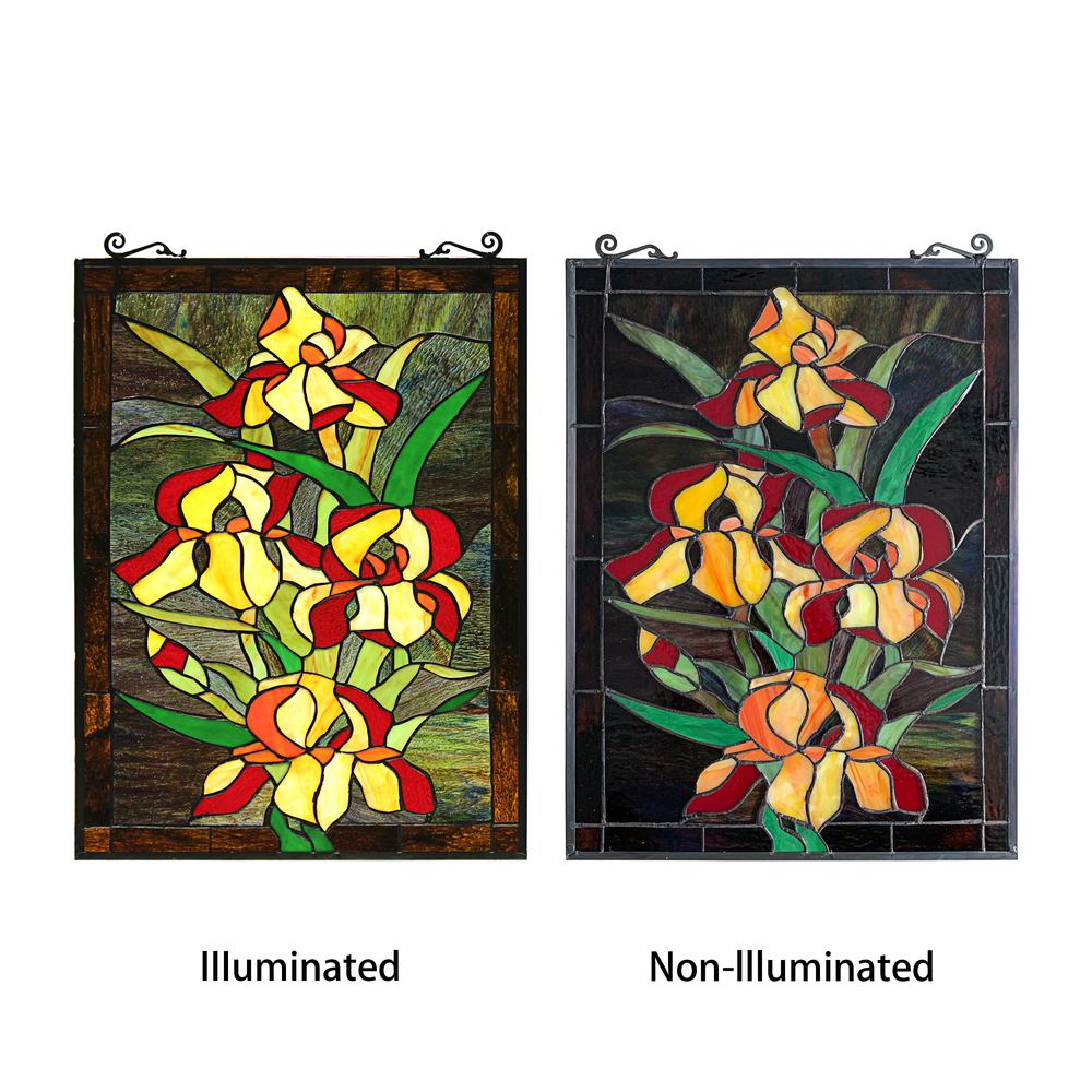 CHLOE Lighting FIRE LILY Tiffany-Style Floral Stained Glass Window Panel 25" Height. Picture 6