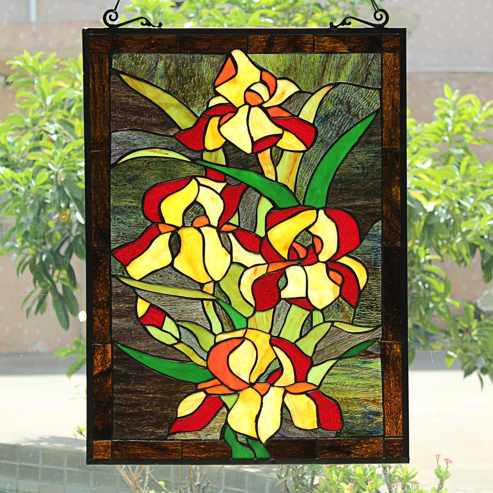 CHLOE Lighting FIRE LILY Tiffany-Style Floral Stained Glass Window Panel 25" Height. Picture 7