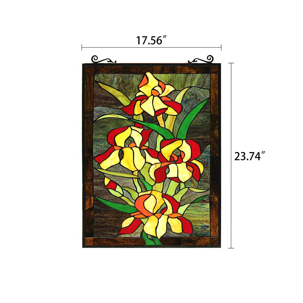 CHLOE Lighting FIRE LILY Tiffany-Style Floral Stained Glass Window Panel 25" Height. Picture 8