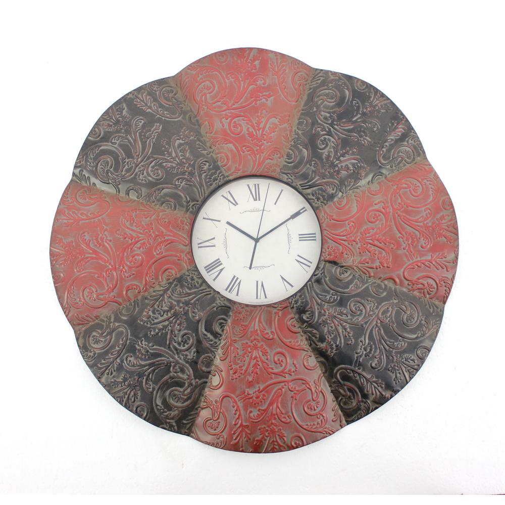 Traditional Black & Red Floral Metal Wall Clock. Picture 1