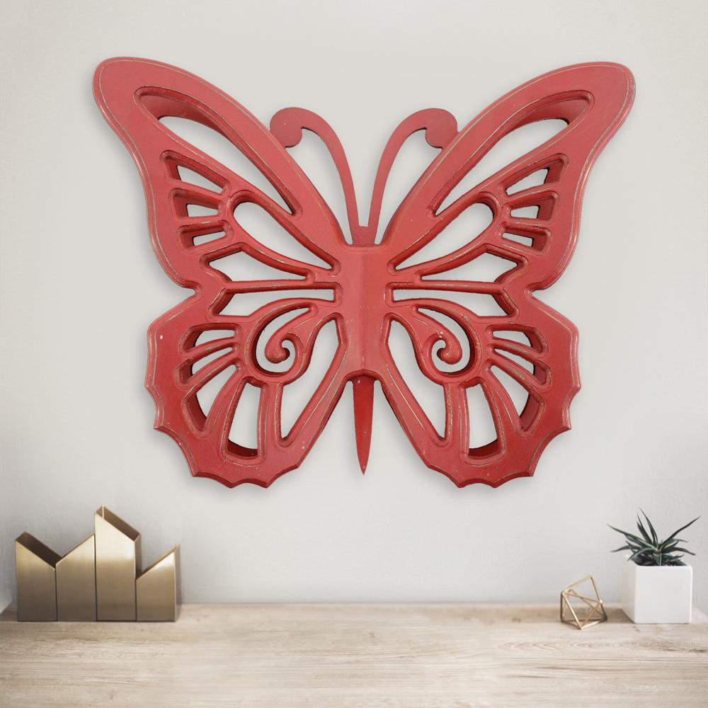 Rustic Butterfly Wooden Wall Decor With Red Finish. Picture 1