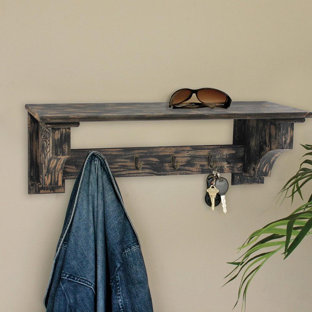 Vintage Black Wooden Wall Shelf With 4 Metal Hooks. Picture 1