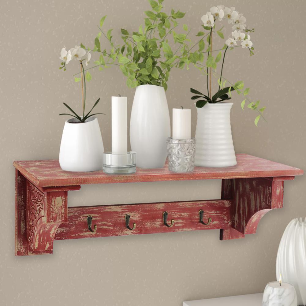 Vintage Red Wooden Wall Shelf With 4 Metal Hooks. Picture 5