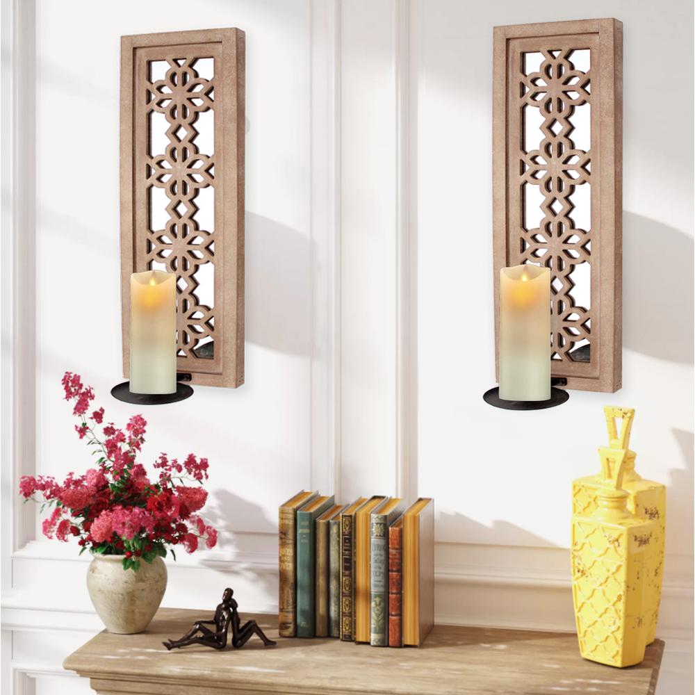 Rustic Candle Holder Sconce Set With Floral Lattice Mirrors. Picture 2