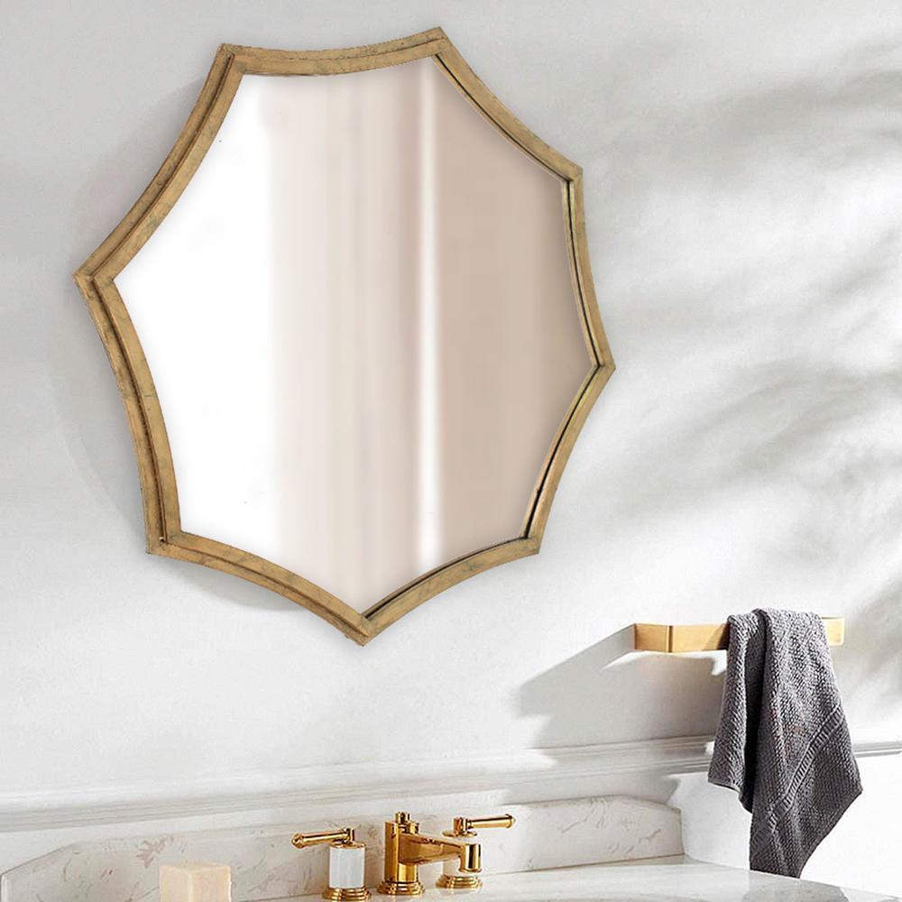 Contemporary Cosmetic Mirror With Minimalist Gold Curved Hexagon Frame. Picture 4