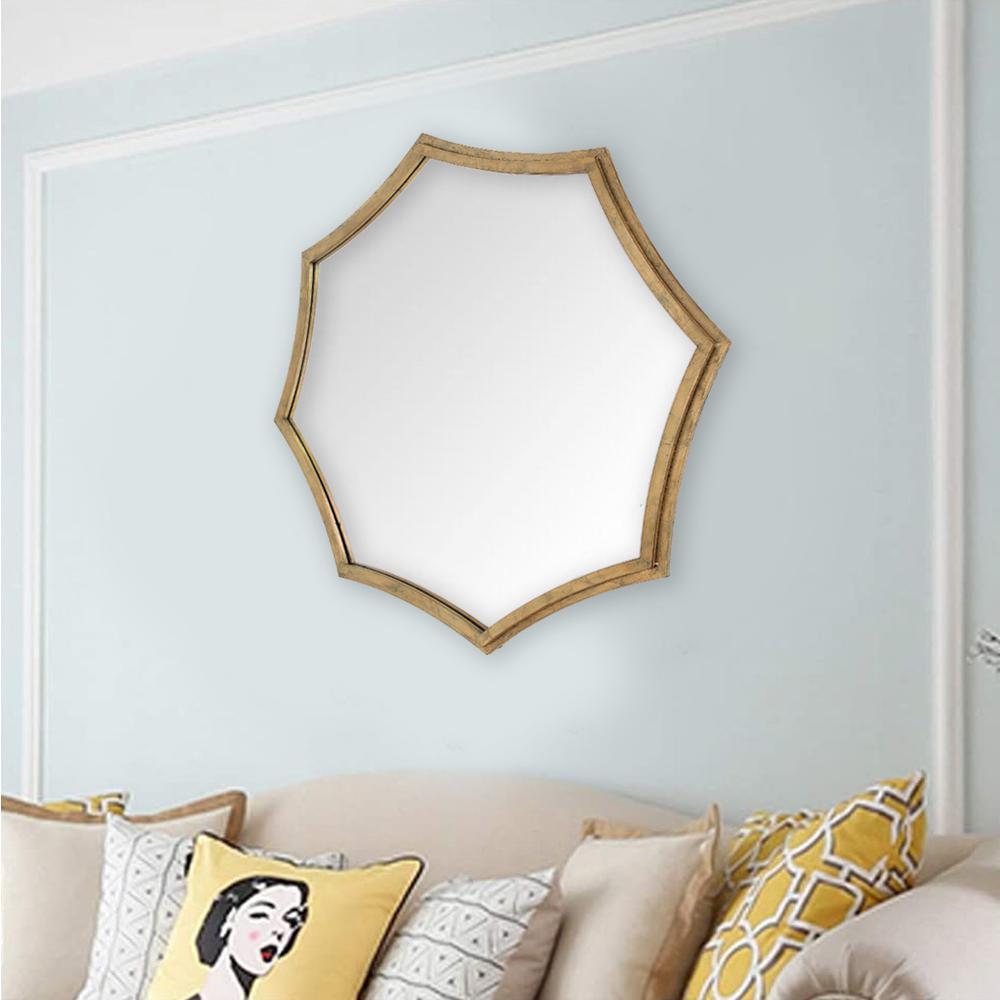 Contemporary Cosmetic Mirror With Minimalist Gold Curved Hexagon Frame. Picture 5