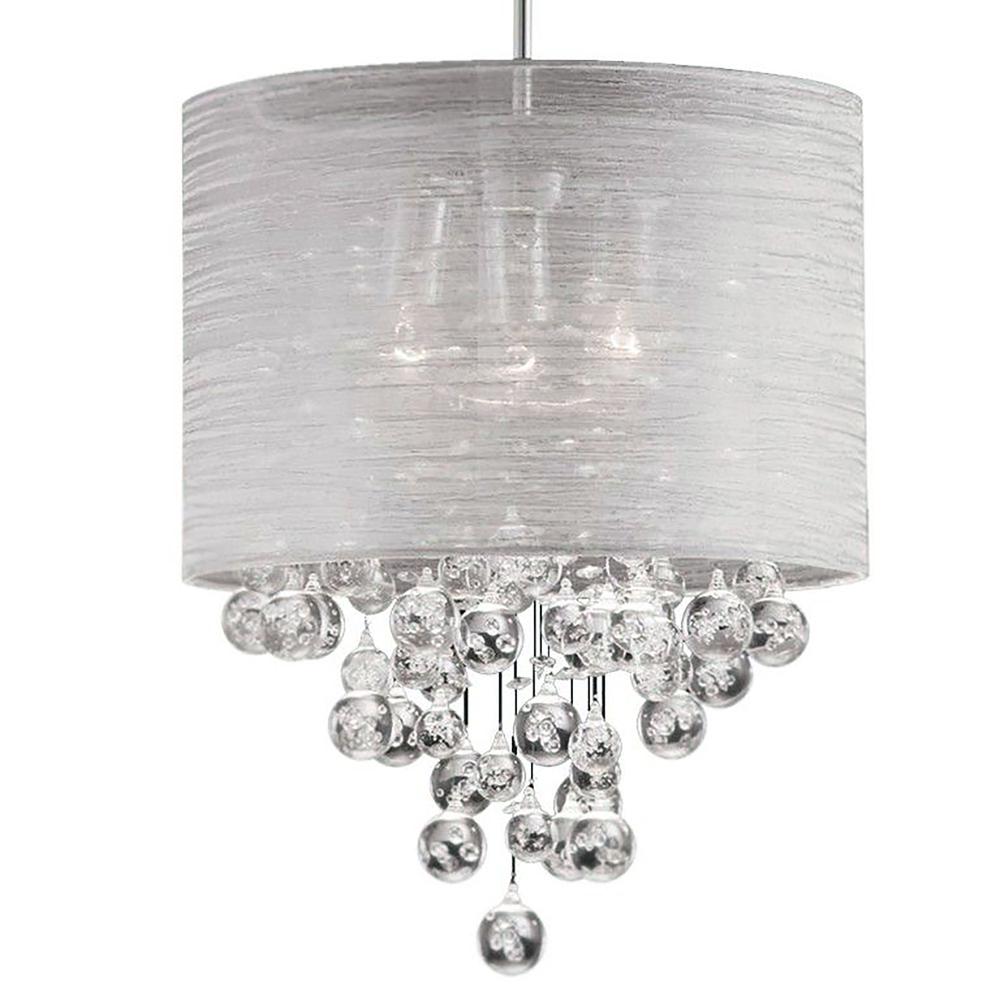 3 Light Incandescent Crystal Pendant Polished Chrome Finish with Silver Organza Shade. Picture 2