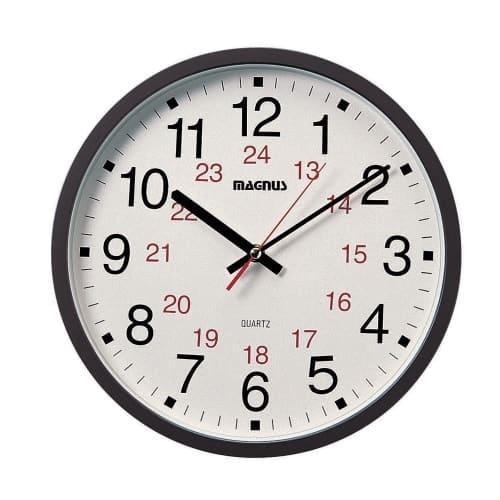 12/24 Hour Clock, Black, Sweep Style Second Hand, Glass Face (22502-BK). Picture 1