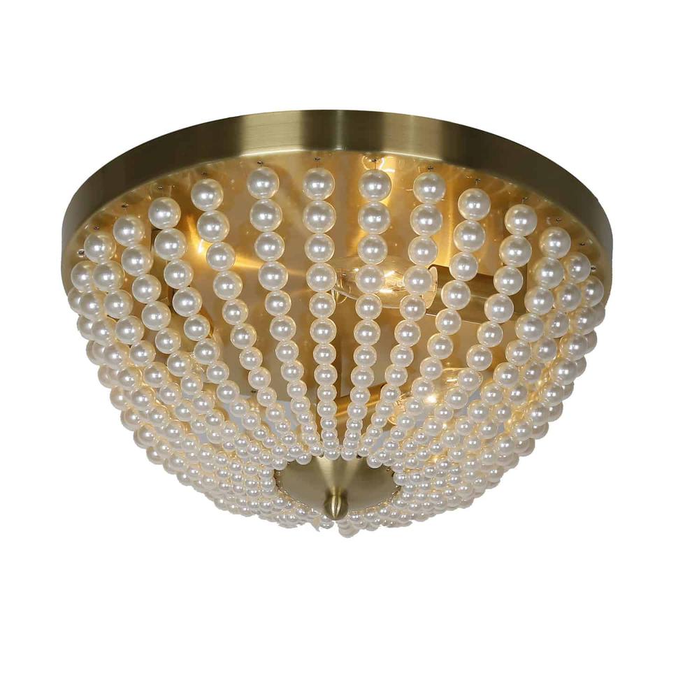 3 Light Incandescent Flush Mount Aged Brass Finish with Pearls. Picture 1