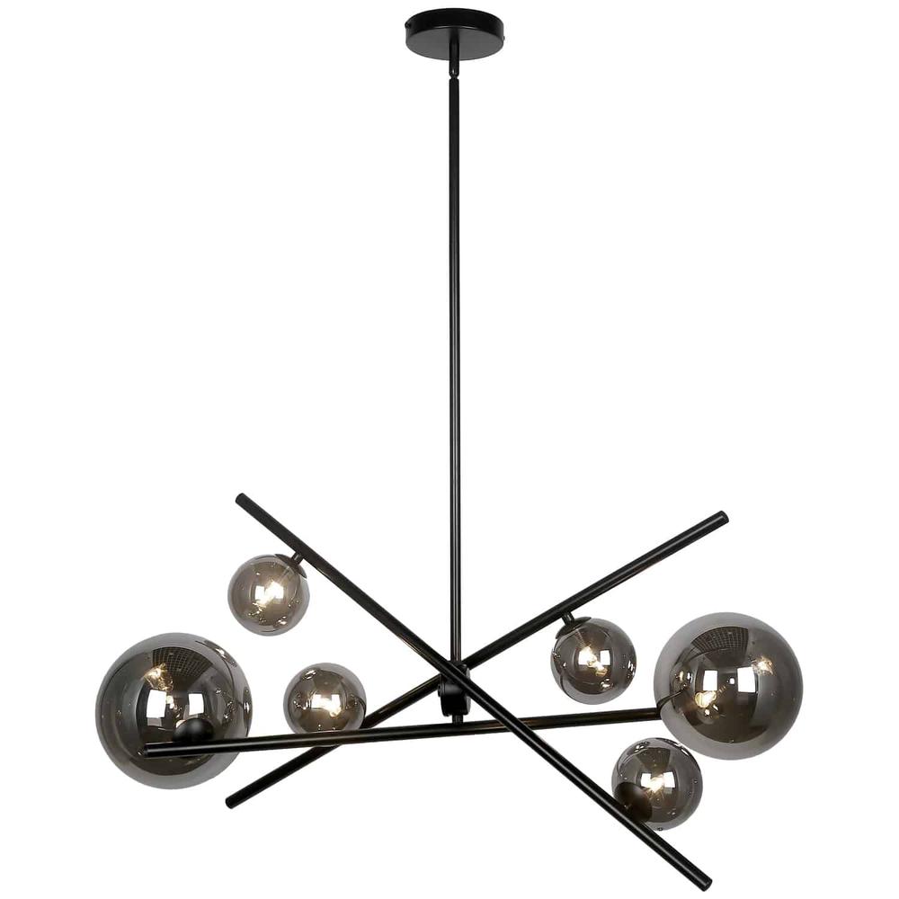6 Light Horizontal Pendant, Matte Black with Smoked Glass. Picture 1