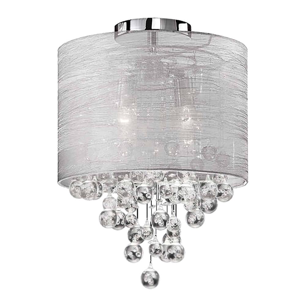 2 Light Incandescent Crystal Flush Mount Polished Chrome Finish with Silver Organza Shade. Picture 1