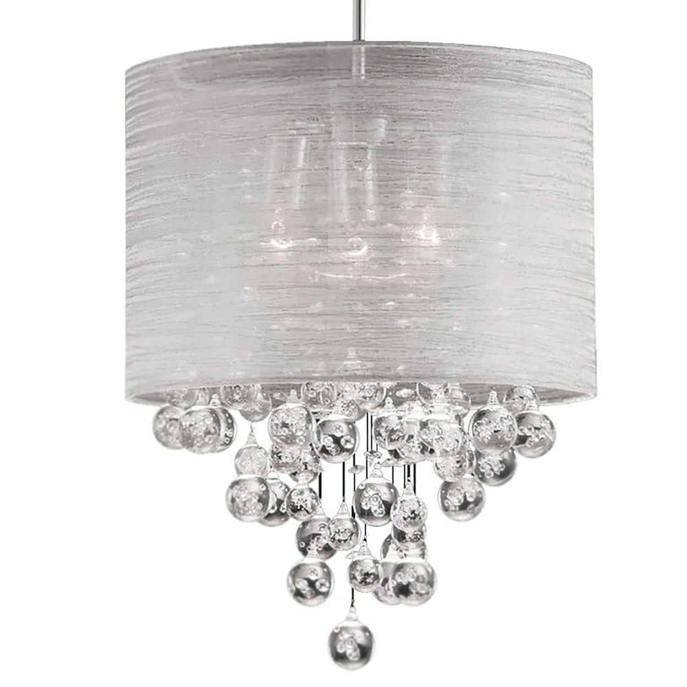 3 Light Incandescent Crystal Pendant Polished Chrome Finish with Silver Organza Shade. Picture 1
