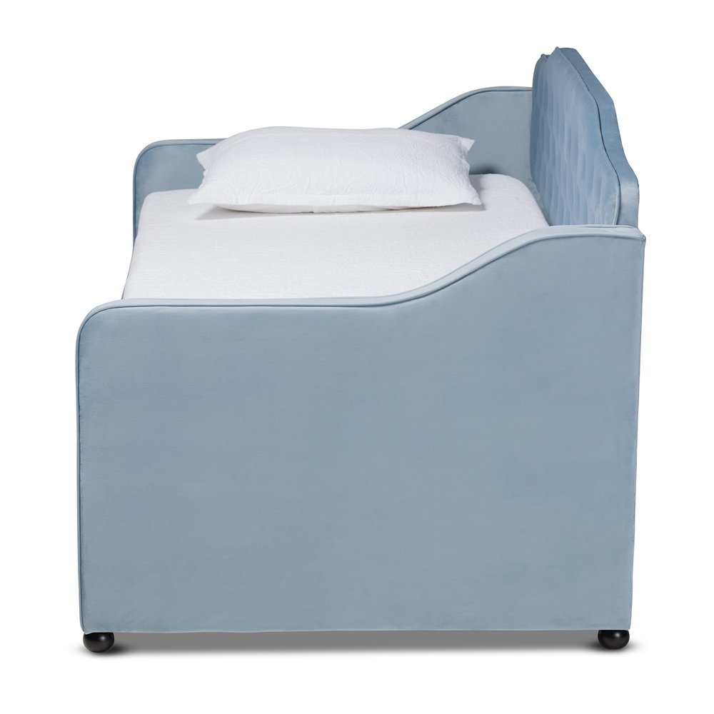 Baxton Studio Freda Traditional and Transitional Light Blue Velvet Fabric Upholstered and Button Tufted Twin Size Daybed with Trundle. Picture 5