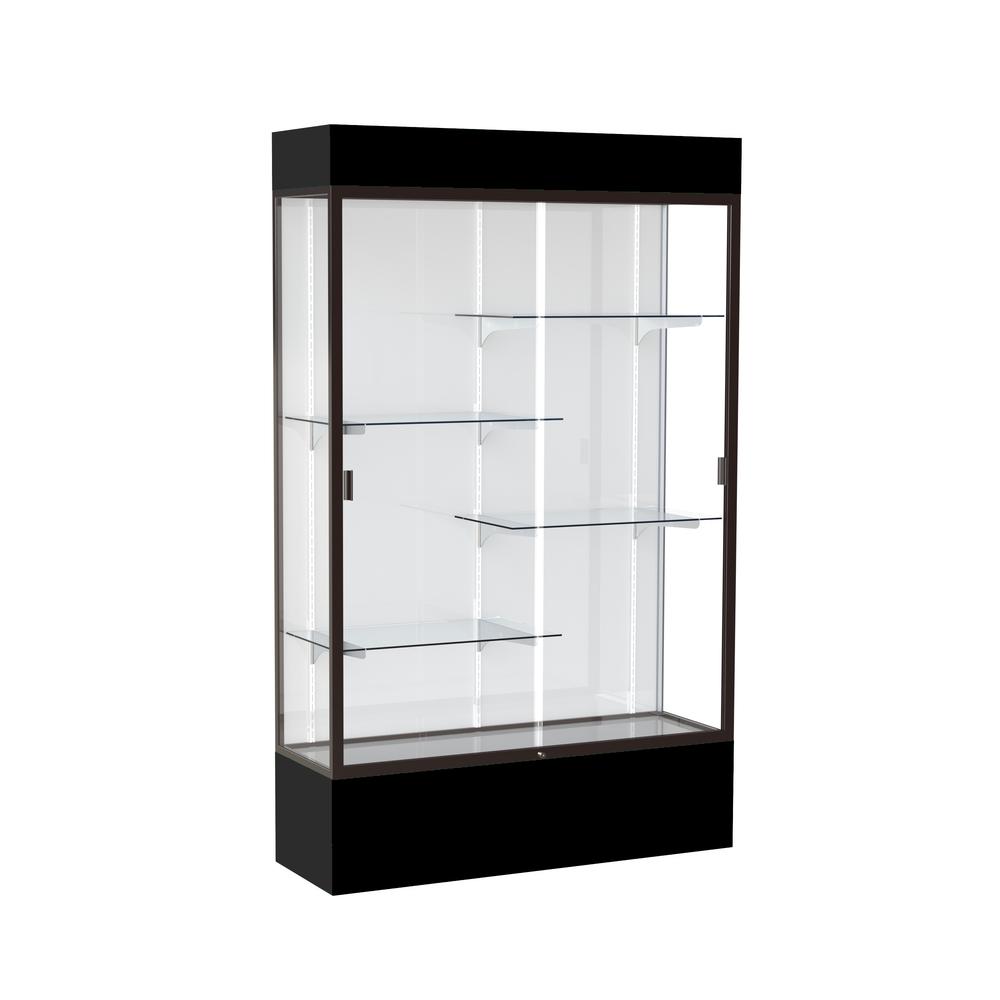 Spirit  48"W x 80"H x 16"D  Lighted Floor Case, White Back, Dk. Bronze Finish, Black Base and Top. Picture 1