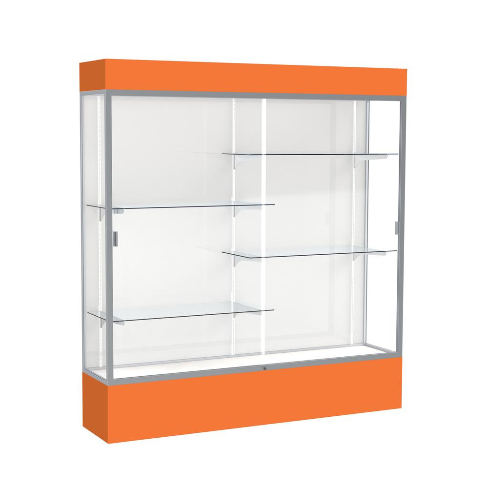 Spirit  72"W x 80"H x 16"D  Lighted Floor Case, White Back, Satin Finish, Orange Base and Top. Picture 1