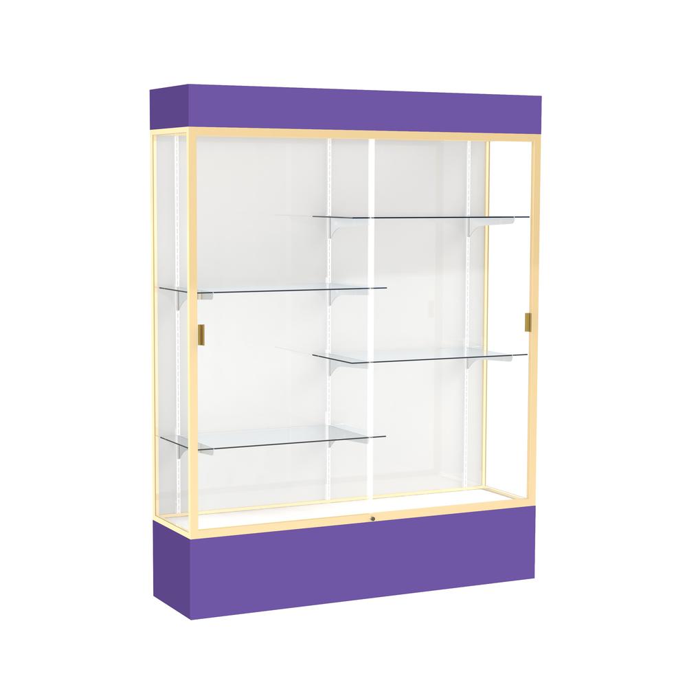 Spirit  60"W x 80"H x 16"D  Lighted Floor Case, White Back, Champagne Finish, Purple Base and Top. Picture 1