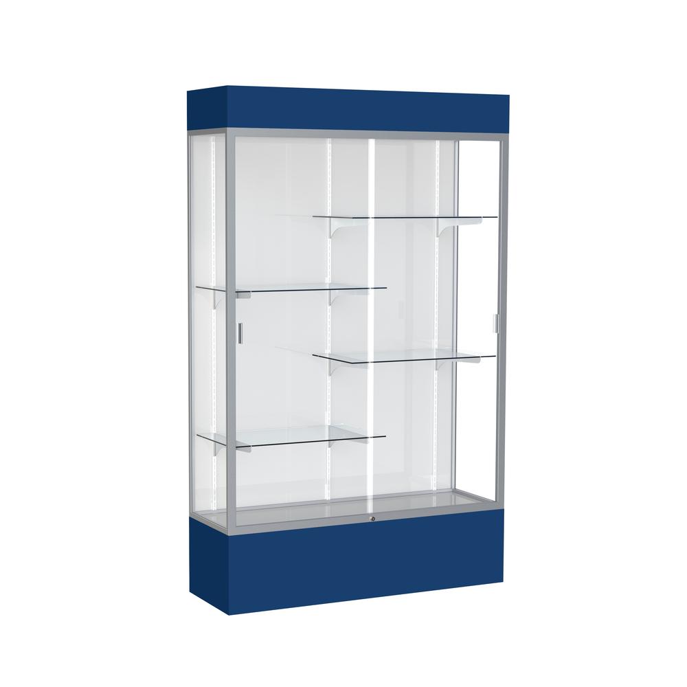Spirit  48"W x 80"H x 16"D  Lighted Floor Case, White Back, Satin Finish, Navy Base and Top. Picture 1