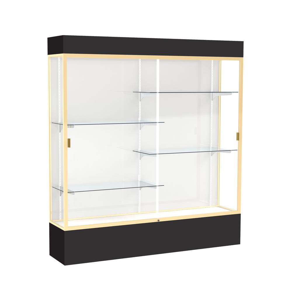 Spirit  72"W x 80"H x 16"D  Lighted Floor Case, White Back, Champagne Finish, Black Base and Top. Picture 1
