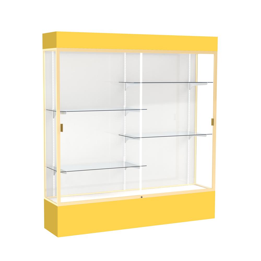 Spirit  72"W x 80"H x 16"D  Lighted Floor Case, White Back, Champagne Finish, Goldenrod Base and Top. Picture 1