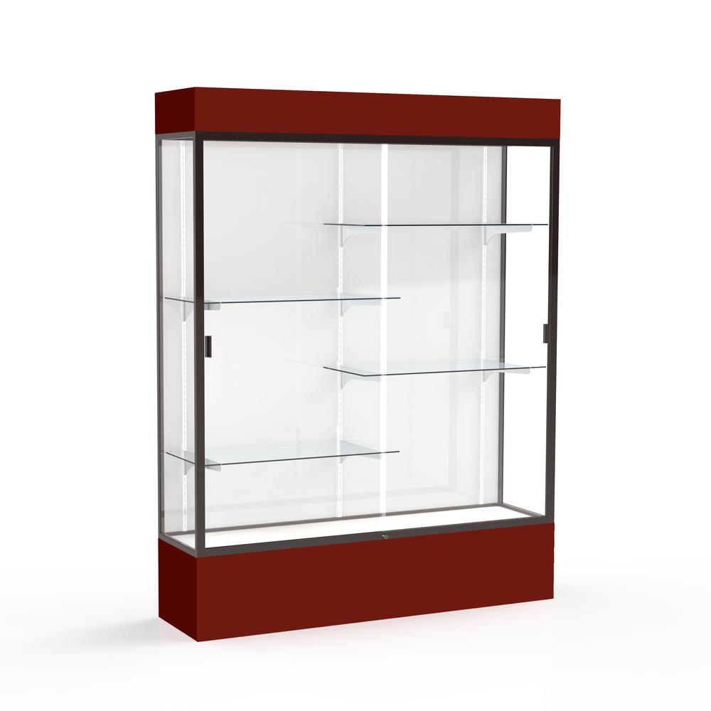 Spirit  60"W x 80"H x 16"D  Lighted Floor Case, White Back, Dk. Bronze Finish, Maroon Base and Top. Picture 1