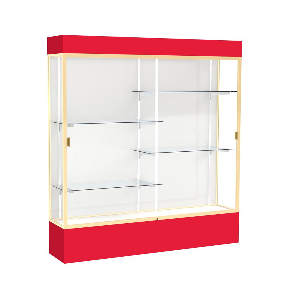 Spirit  72"W x 80"H x 16"D  Lighted Floor Case, White Back, Champagne Finish, Red Base and Top. Picture 1