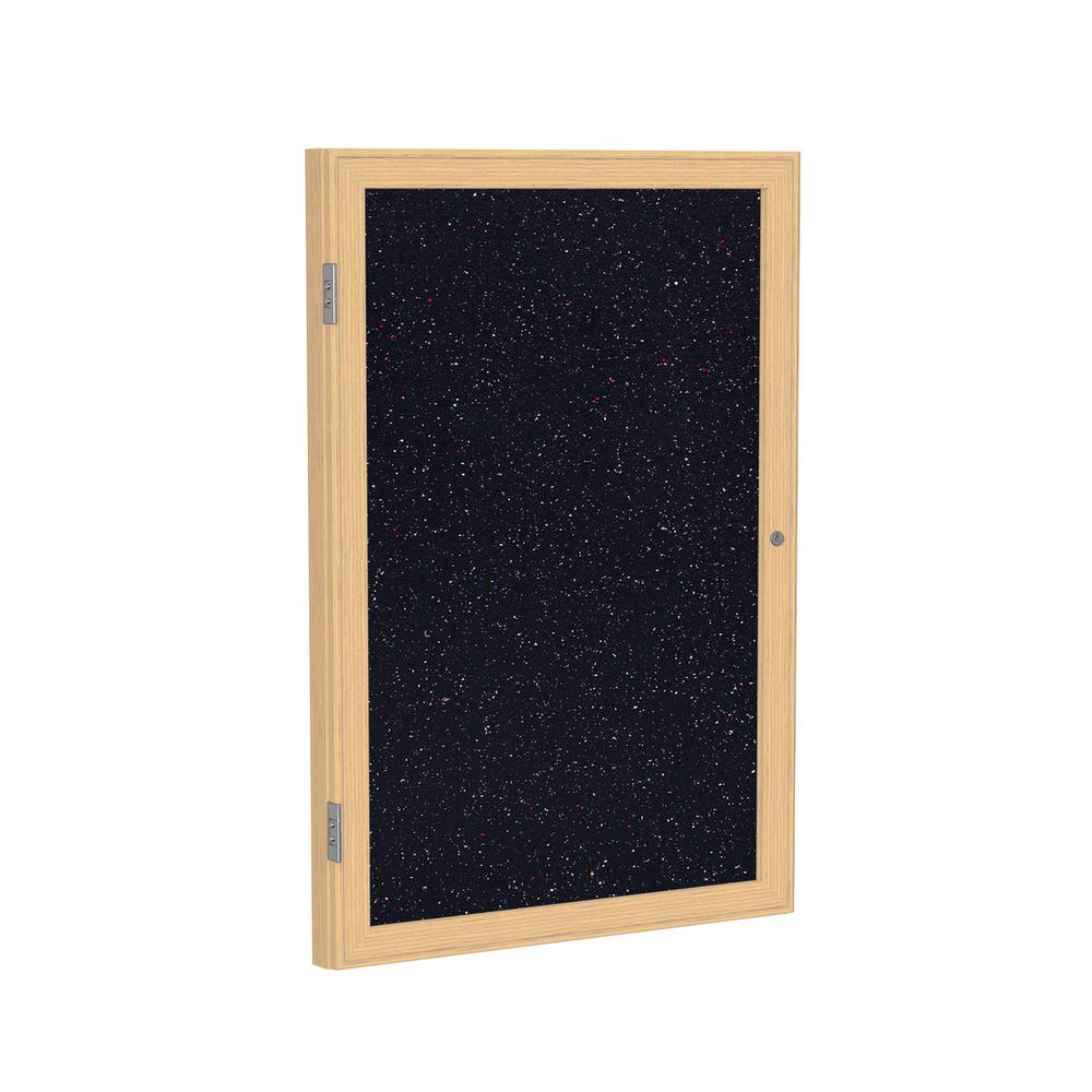 24"x18" 1-Dr Wood Fr Oak Finish Encl Recycled Rubber Bulletin Board - Confetti. Picture 1