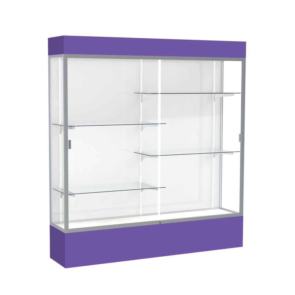 Spirit  72"W x 80"H x 16"D  Lighted Floor Case, White Back, Satin Finish, Purple Base and Top. Picture 1