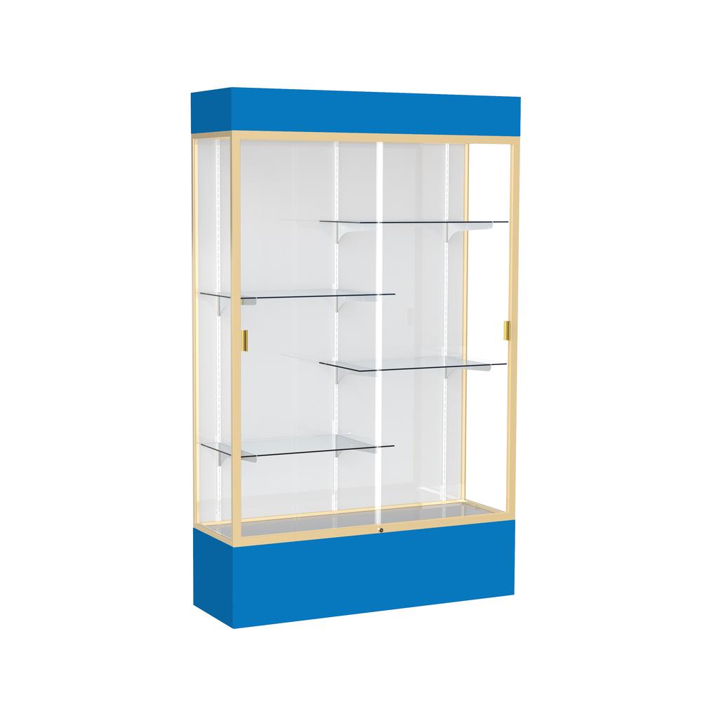 Spirit  48"W x 80"H x 16"D  Lighted Floor Case, White Back, Champagne Finish, Royal Blue Base and Top. Picture 1