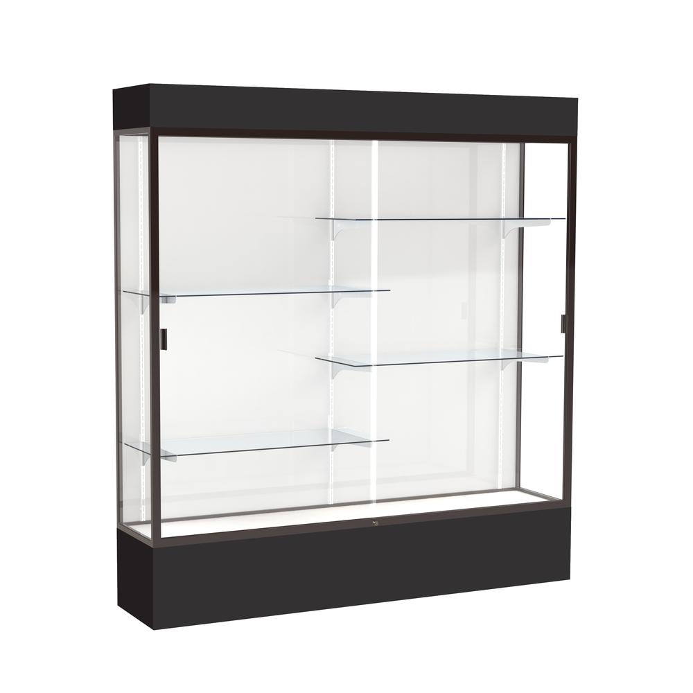 Spirit  72"W x 80"H x 16"D  Lighted Floor Case, White Back, Dk. Bronze Finish, Black Base and Top. Picture 1