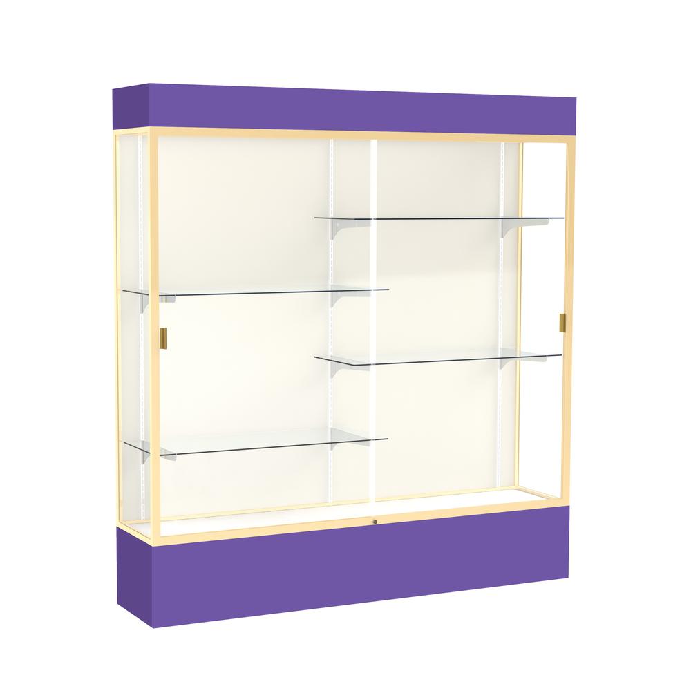 Spirit  72"W x 80"H x 16"D  Lighted Floor Case, Plaque Back, Champagne Finish, Purple Base and Top. Picture 1