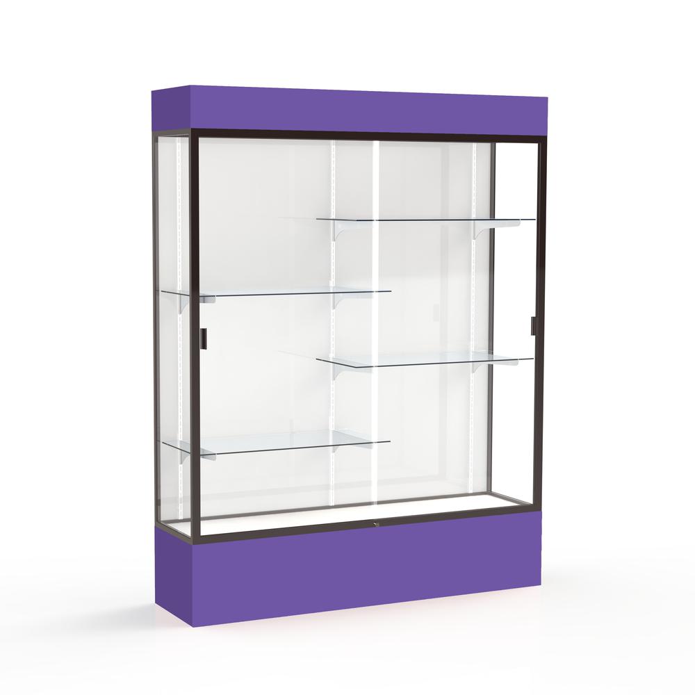 Spirit  60"W x 80"H x 16"D  Lighted Floor Case, White Back, Dk. Bronze Finish, Purple Base and Top. Picture 1