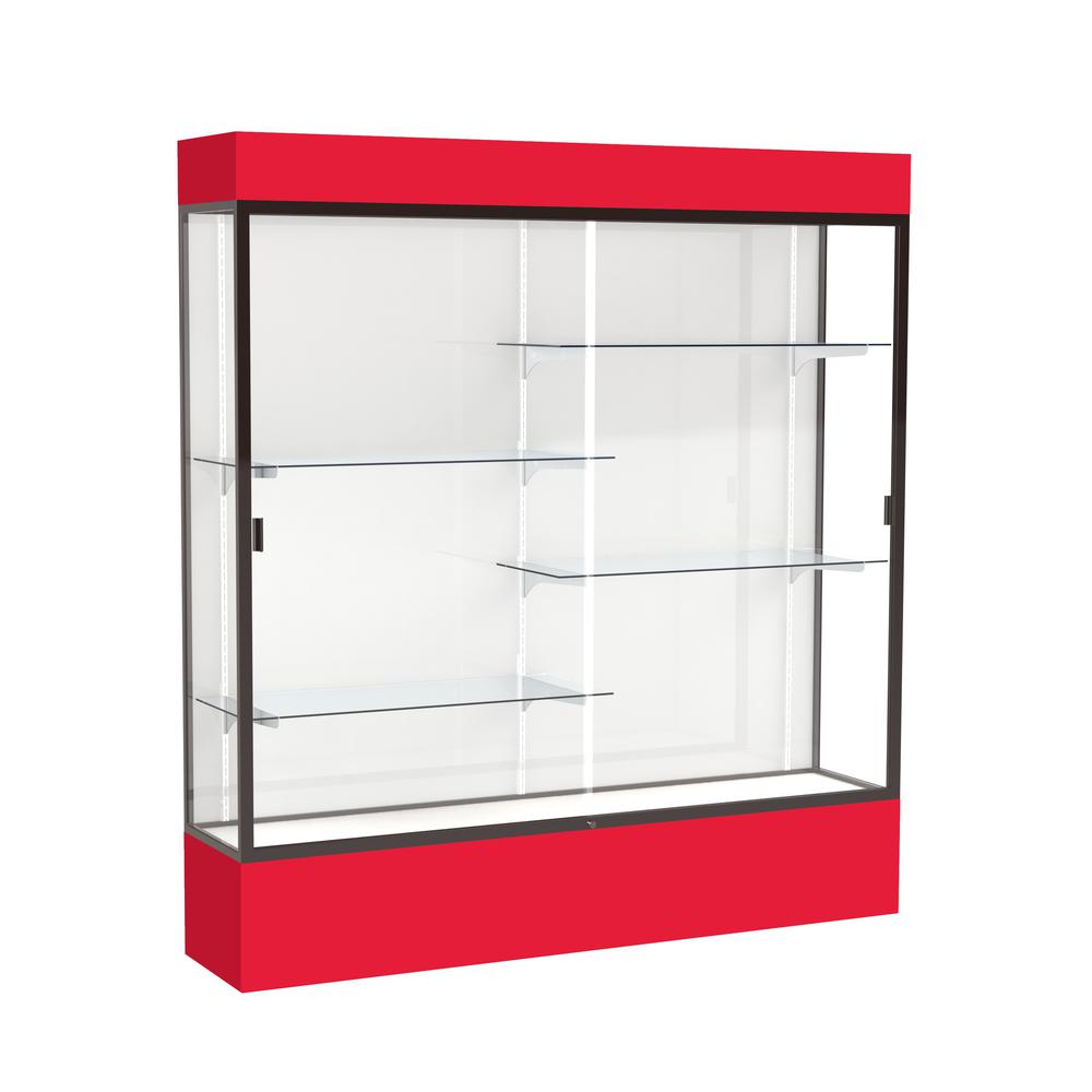 Spirit  72"W x 80"H x 16"D  Lighted Floor Case, White Back, Dk. Bronze Finish, Red Base and Top. Picture 1