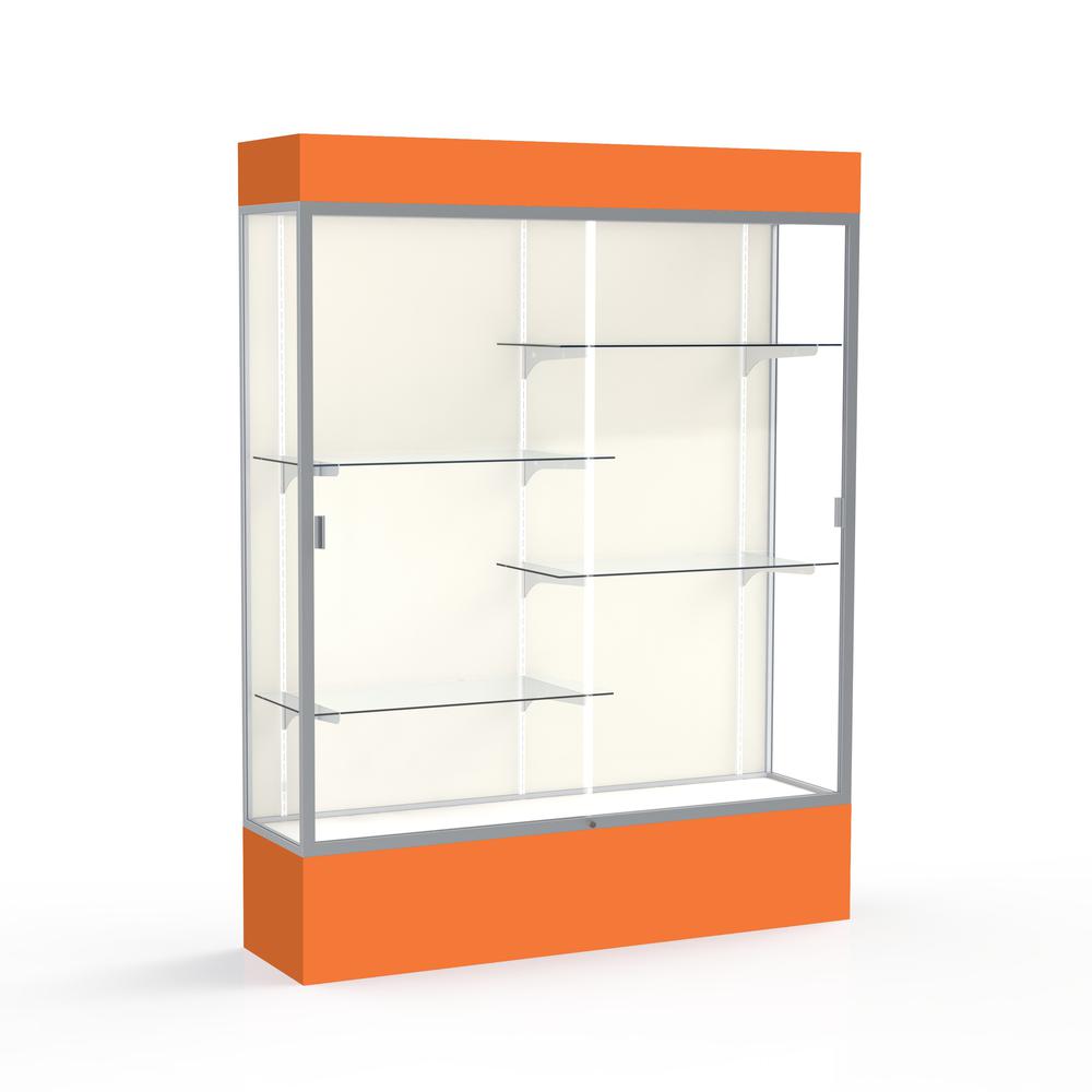 Spirit  60"W x 80"H x 16"D  Lighted Floor Case, Plaque Back, Satin Finish, Orange Base and Top. Picture 1