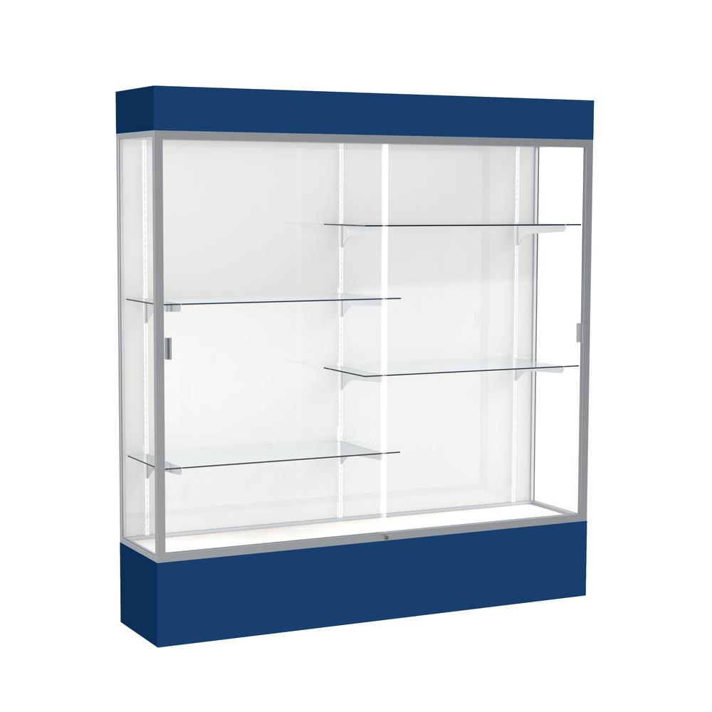 Spirit  72"W x 80"H x 16"D  Lighted Floor Case, White Back, Satin Finish, Navy Base and Top. Picture 1