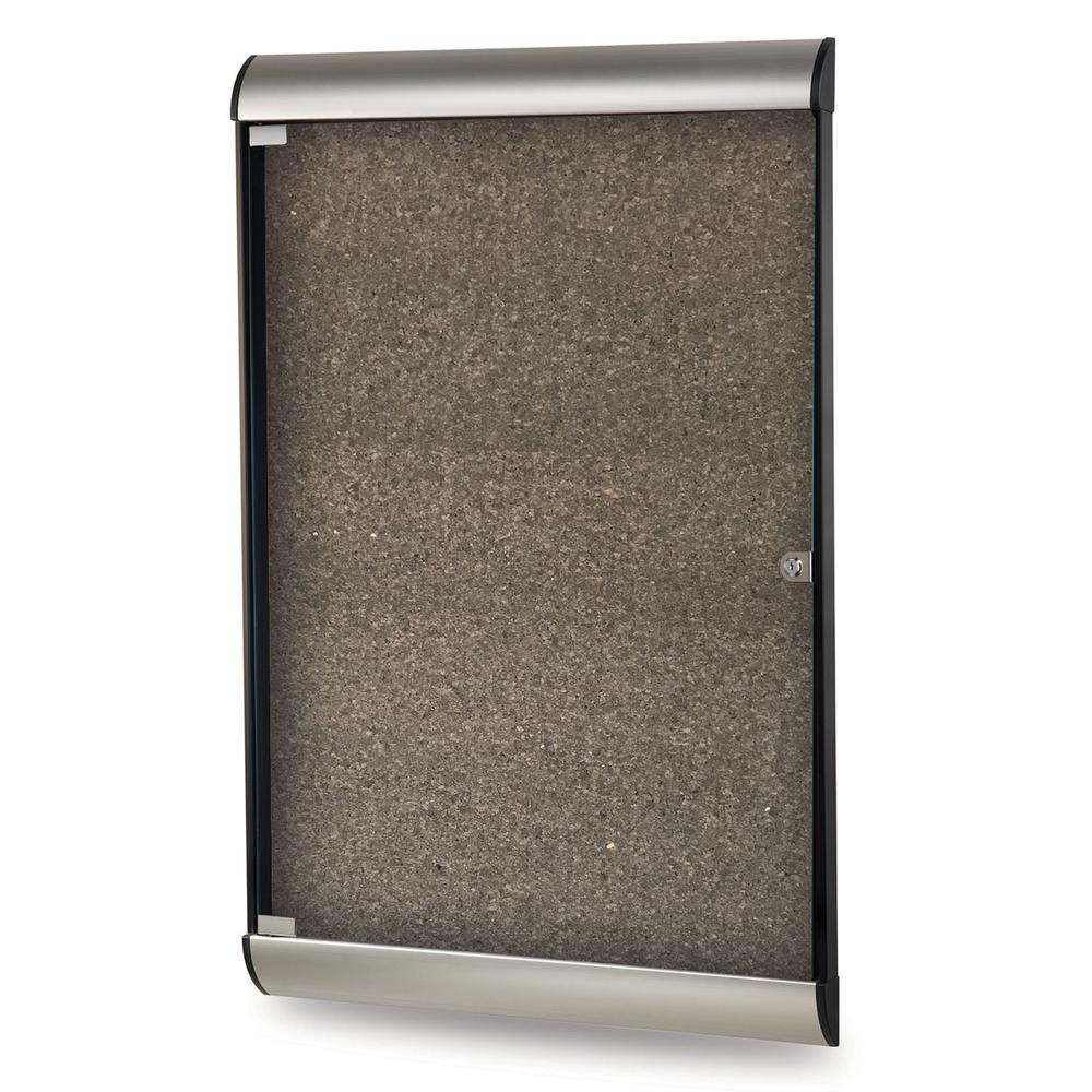 Ghent Silhouette 1 Door Enclosed Chocolate Cork Bulletin Board with Satin Frame, 4'H x 2'W. Picture 1