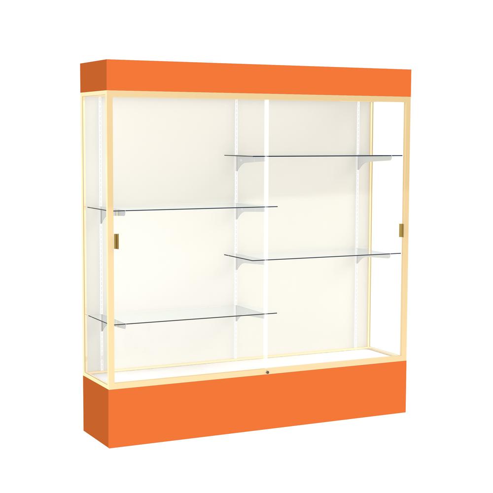 Spirit  72"W x 80"H x 16"D  Lighted Floor Case, Plaque Back, Champagne Finish, Orange Base and Top. Picture 1