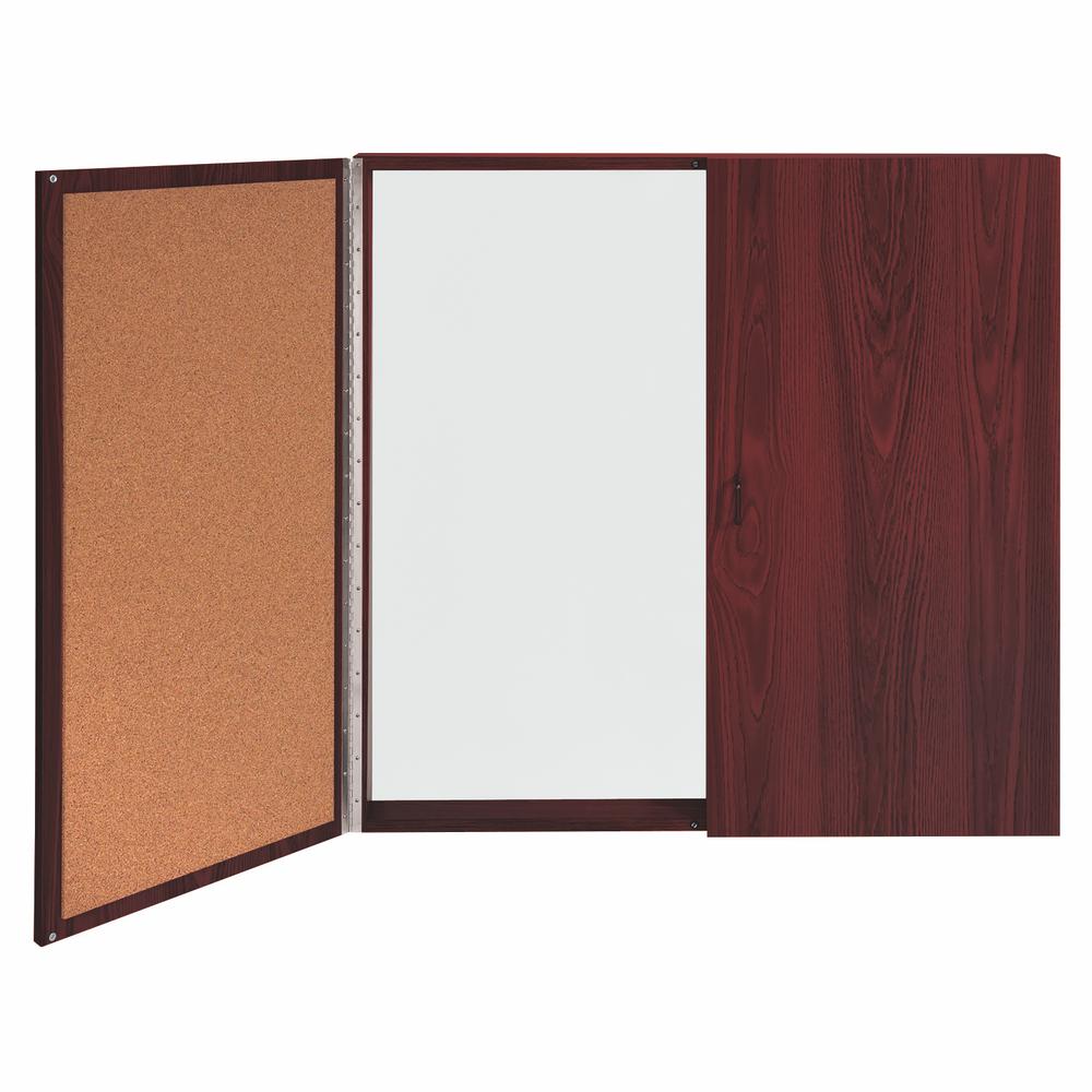 Ghent Magnetic Porcelain Whiteboard Cabinet with Cork Interior Doors, 4'H x 4'W, Mahogany. Picture 1