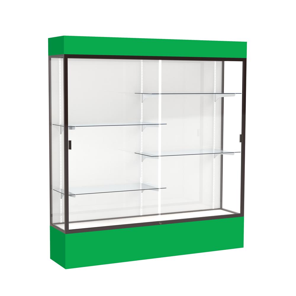 Spirit  72"W x 80"H x 16"D  Lighted Floor Case, White Back, Dk. Bronze Finish, Kelly Green Base and Top. Picture 1
