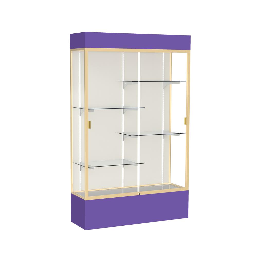 Spirit  48"W x 80"H x 16"D  Lighted Floor Case, Plaque Back, Champagne Finish, Purple Base and Top. Picture 1