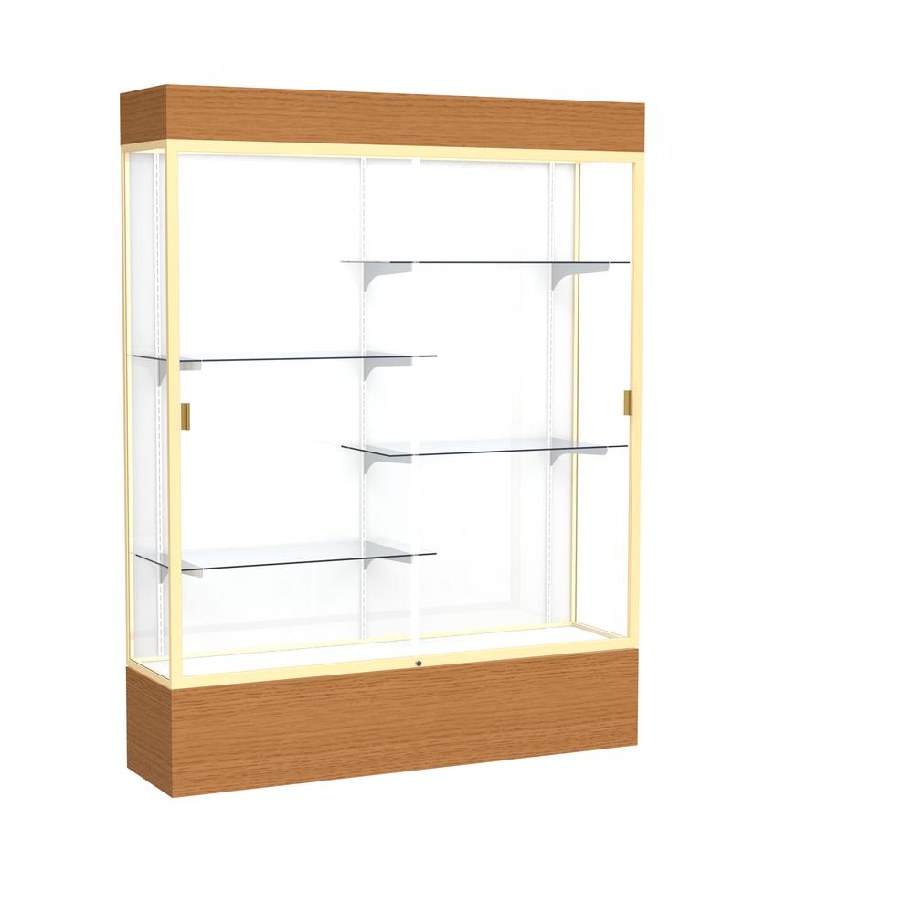 Reliant   60"W x 80"H x 16"D  Lighted Floor Case, White Back, Champagne Finish,  Carmel Oak Base. Picture 1