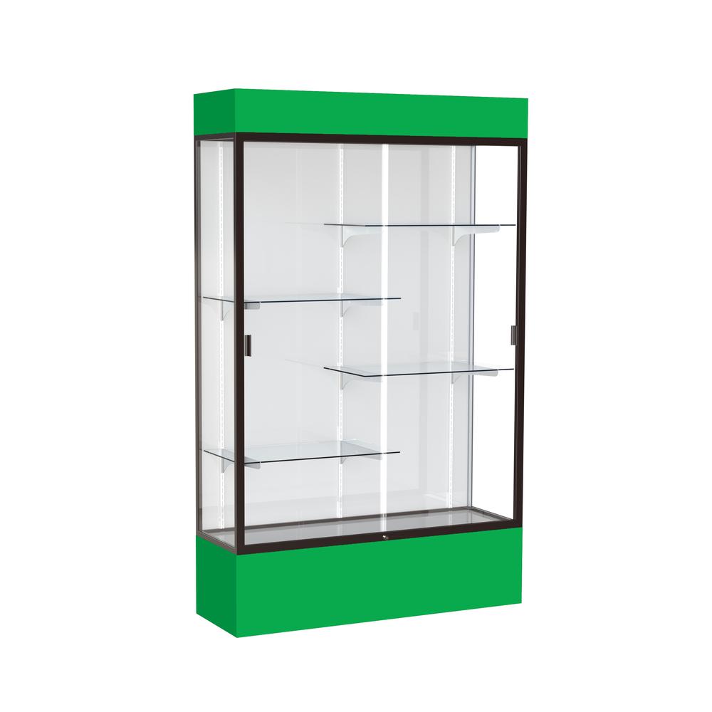 Spirit  48"W x 80"H x 16"D  Lighted Floor Case, White Back, Dk. Bronze Finish, Kelly Green Base and Top. Picture 1